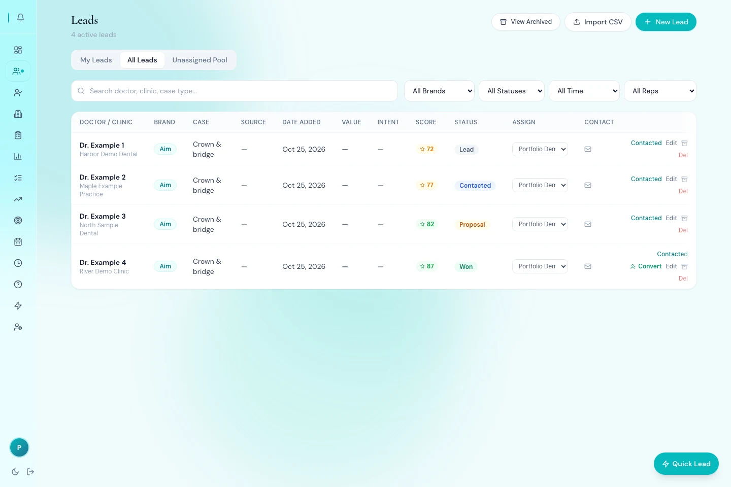 The retained CRM frontend with four fictional practices. No client records or live account are used.