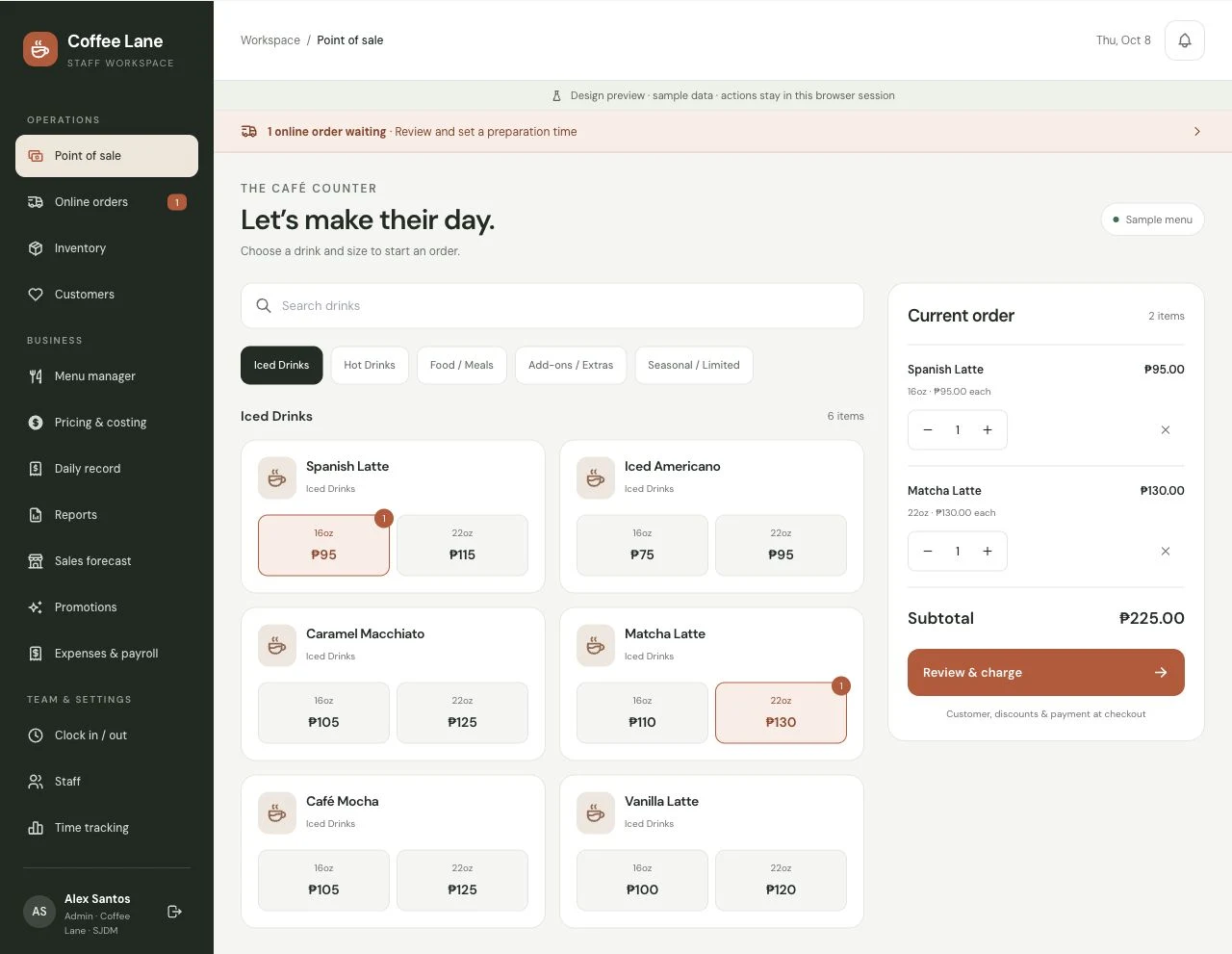 Menu, sizes and basket in the retained POS design preview. All records are illustrative.