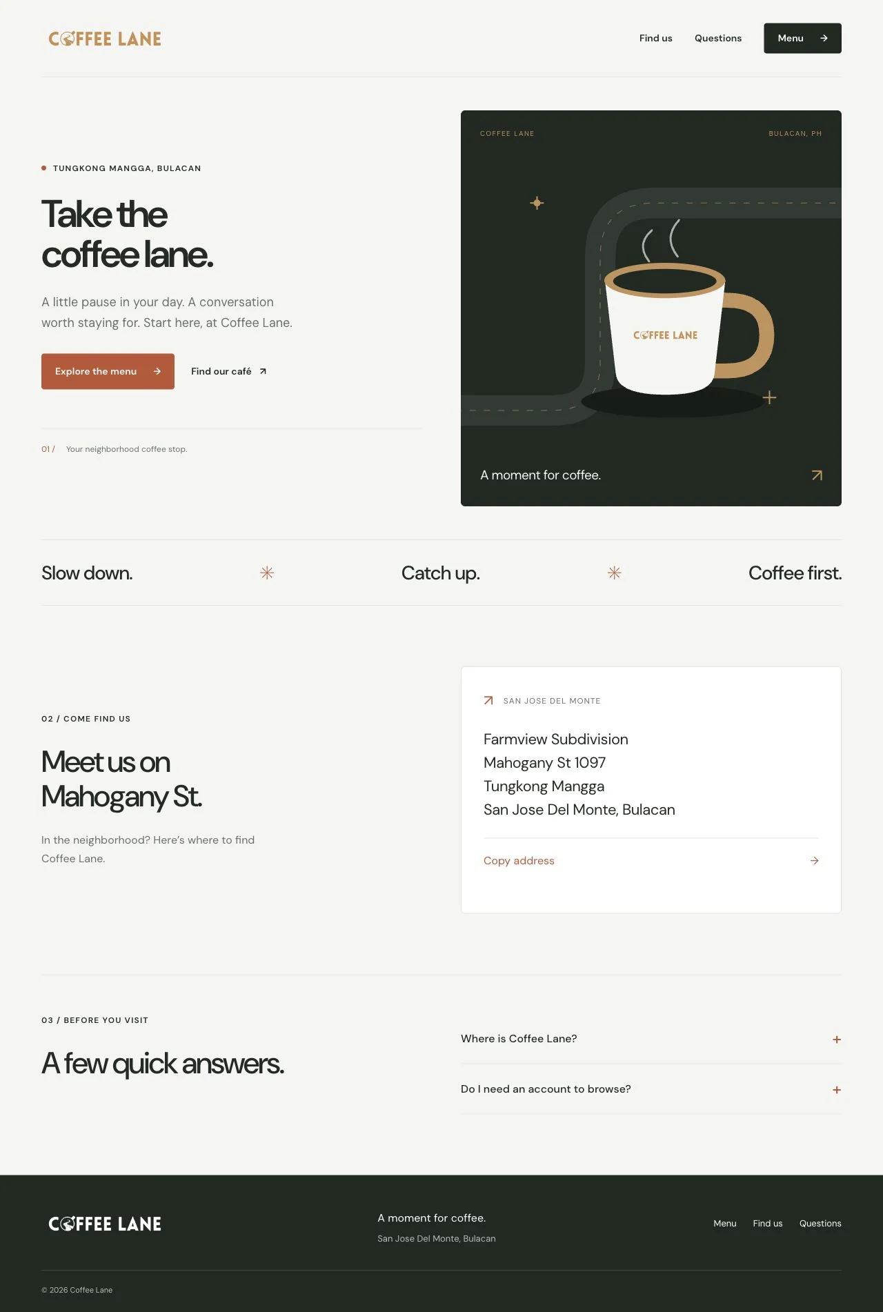 Coffee Lane website design with café branding and a menu call to action